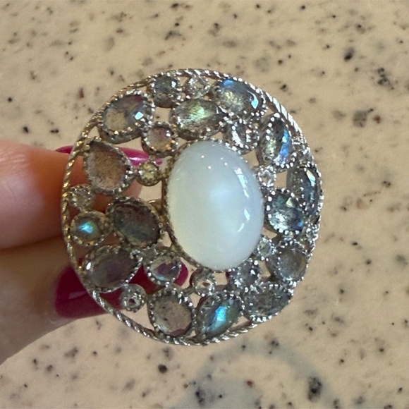 Vintage Sterling Silver 925 Moonstone & Labradorite Cluster Ring Size 9 - Picture 3 of 5